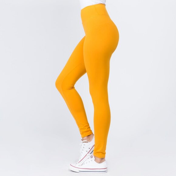 ❤️NWT  BOUTIQUE  MUSTARD COLOR Women's 3" Waistband Solid Peach Skin Leggings - Picture 3 of 4